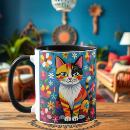 Folk Art Cat, Flowers & Butterfly Personalized Mugg