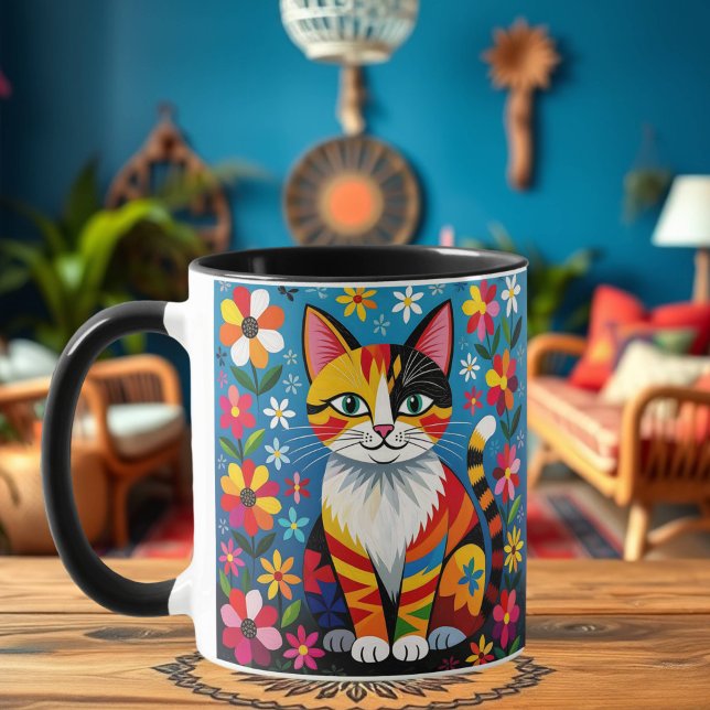Folk Art Cat, Flowers & Butterfly Personalized Mugg (Skapare uppladdad)