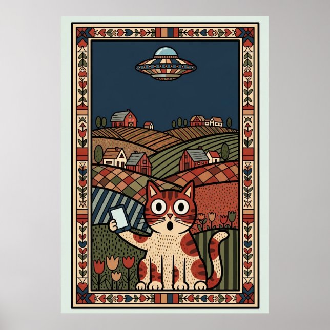 Folk Art Cat with UFO in Countryside Whimsical Poster (Framsidan)