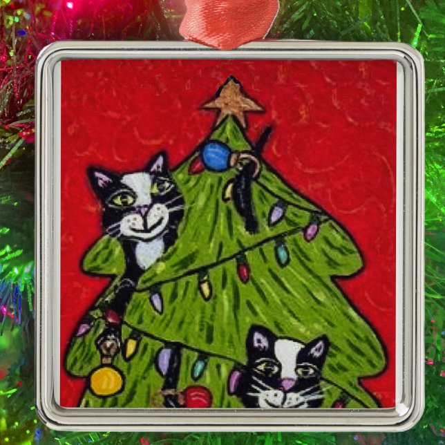 Folk Art Cats Julgran Julgransprydnad Metall (Two naughty cat in decorated Christmas tree on red hanging ornament.)