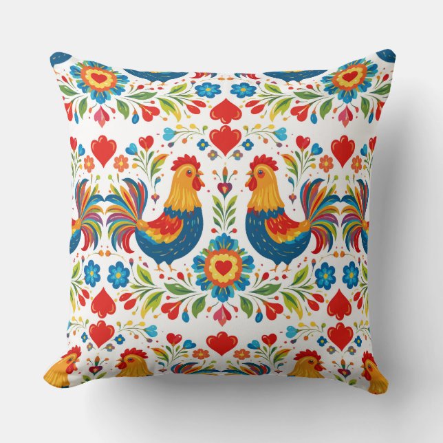 Folk art chicken floral pillow kudde (Framsida)