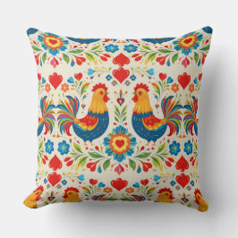 Folk art chicken floral pillow kudde