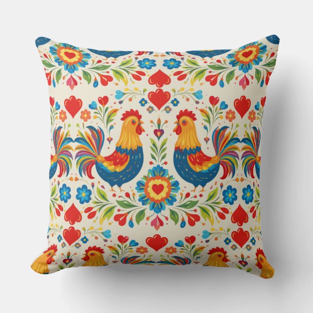 Folk art chicken floral pillow kudde (Framsida)