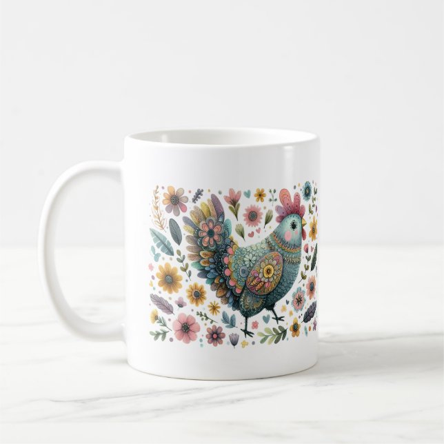 Folk Art Chicken Tupp Blommigt Flowers Kaffemugg (Vänster)