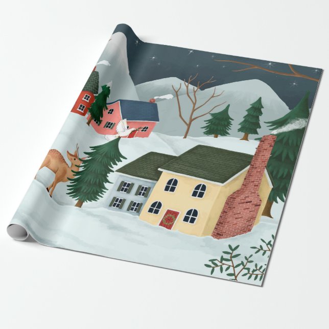 FOLK ART CHRISTMAS SCENE Wrapping Papper Presentpapper (Utrullad)