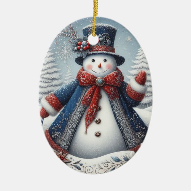 Folk Art Christmas Snowman Julgransprydnad Keramik (Framsidan)