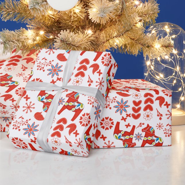 Folk Art Dala Swedish Red Horse Blommönster Presentpapper (Helgdagar)