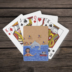 Folk Art Dam Katt Strand Hav Delfin Simning Spel Kort