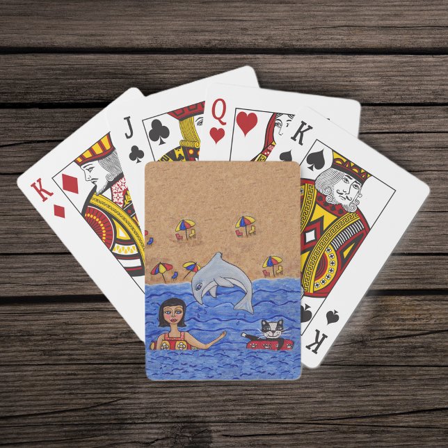Folk Art Dam Katt Strand Hav Delfin Simning Spel Kort (Lady with cat inner tubes swimming in ocean jumping dolphin beach umbellas on deck of playing cards.)