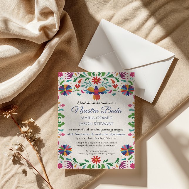 Folk Art Färgglada Blommiga Fiesta Spansk Bröllop Inbjudningar (Folk Art Colorful Floral Fiesta Spanish Wedding Invitation)