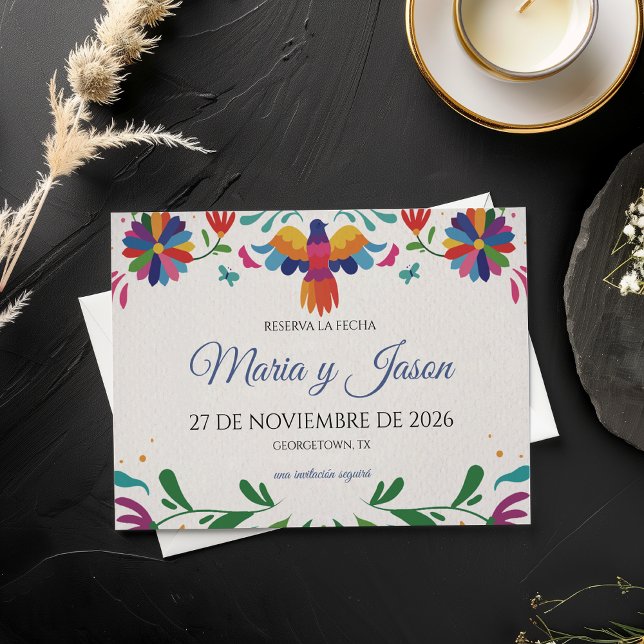 Folk Art Färgglada Blommiga Fiesta Spansk Bröllops Spara Datumet (Folk Art Colorful Floral Fiesta Spanish Wedding Save The Date)