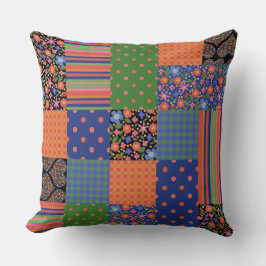 Folk Art Faux Patchwork, Blommigt, Polkas, Checks Kudde