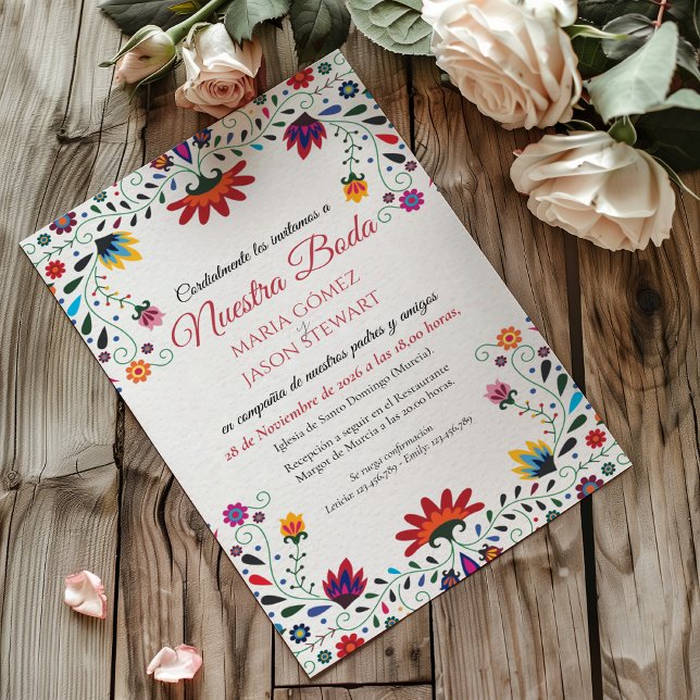 Folk Art Floral Botanical Fiesta Spanish Wedding Inbjudningar (Folk Art Floral Botanical Fiesta Spanish Wedding Invitation)
