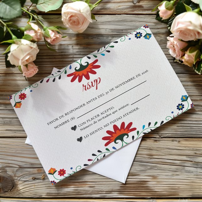Folk Art Floral Botanical Fiesta Spanish Wedding OSA Kort (Folk Art Floral Botanical Fiesta Spanish Wedding RSVP Card)