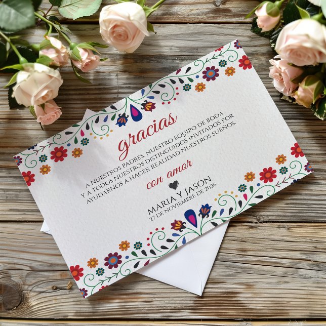 Folk Art Floral Botanical Fiesta Spanish Wedding Tack Kort (Folk Art Floral Botanical Fiesta Spanish Wedding Thank You Card)