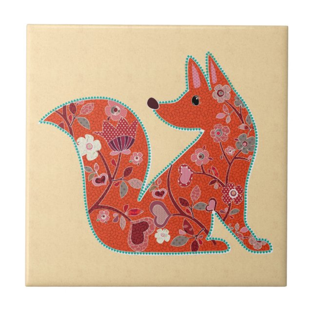 Folk Art Flower Mönster Fox Kakelplatta (Framsidan)