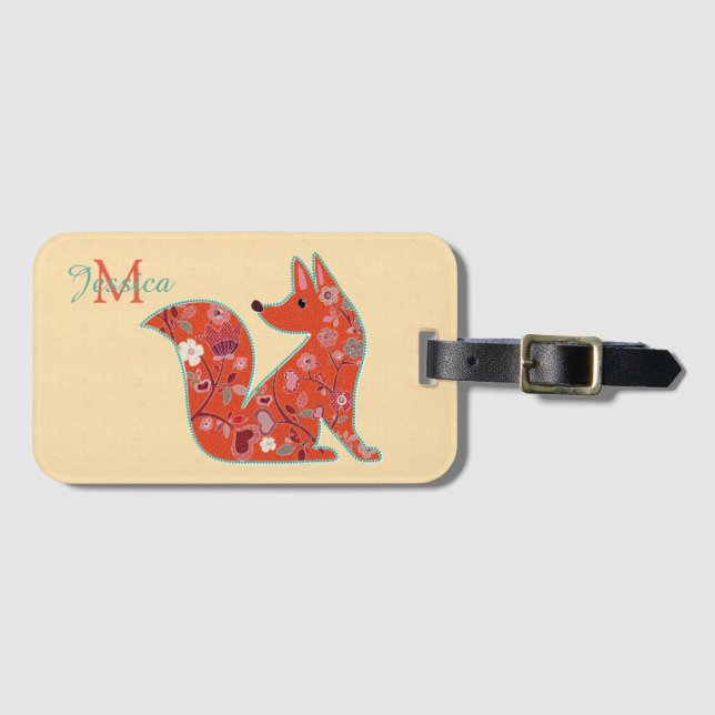Folk Art Flower Mönster Fox-Personlig Bagagebricka (Framsida horisontal)