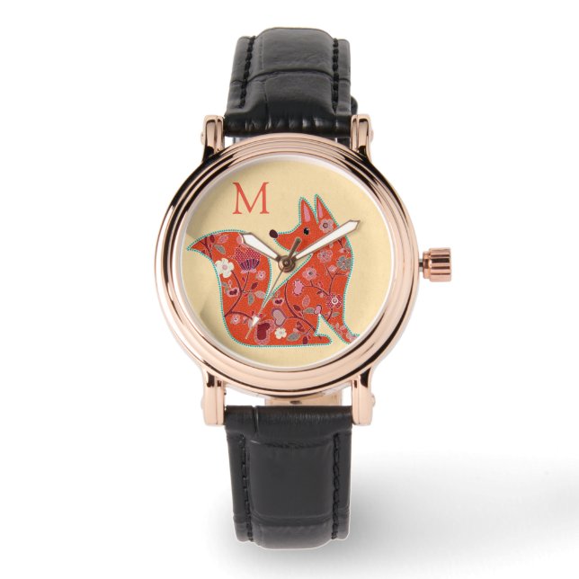 Folk Art Flower Pattern Fox Monogram Armbandsur (Framsida)