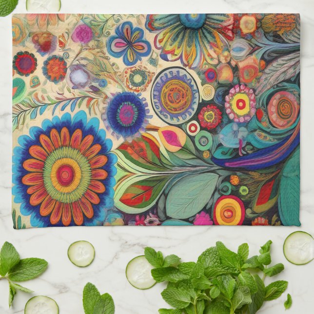 Folk Art Flowers Kitchen Towel Kökshandduk (Vikta)