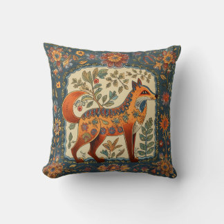 Folk Art Fox och Flowers Teal Blue Cream Kudde