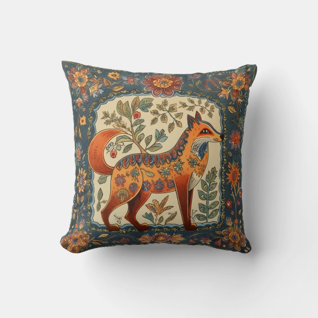 Folk Art Fox och Flowers Teal Blue Cream Kudde (Framsida)