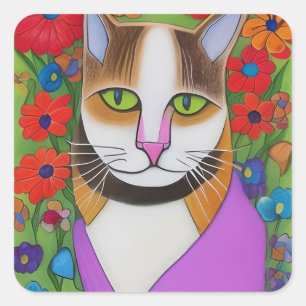 Folk Art Funny Cat med färgade blommor Fyrkantigt Klistermärke