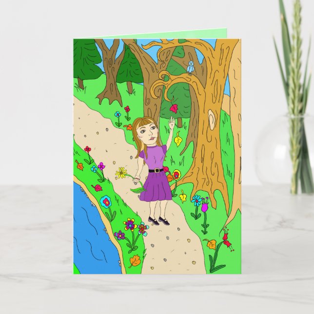 Folk Art Girl på Fall Trail i Skogen Satt Hi Kort (Framsida)