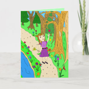 Folk Art Girl på Fall Trail i Skogen Satt Hi Kort