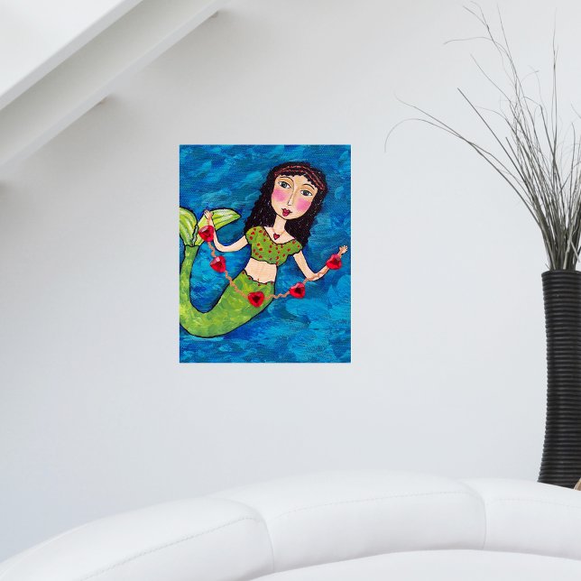 Folk Art Grön Sjövätte Sträng av Röda Hjärtan Poster (Mermaid green tail black hair with string of red hearts on blue wall art poster.)