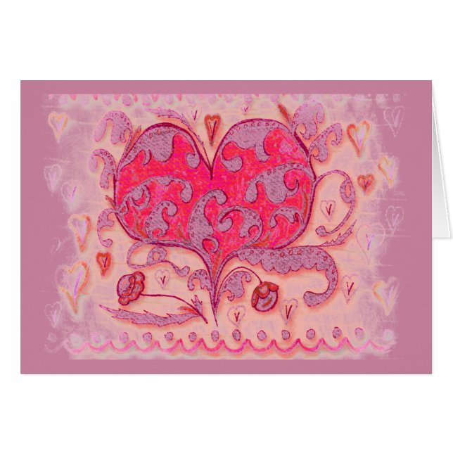 Folk Art Heart med löv och blommor Hälsningskort (Framsidan Horizontal)