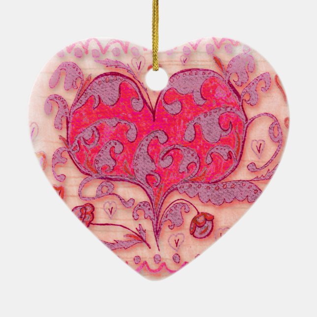 Folk Art Heart med löv och blommor Julgransprydnad Keramik (Baksidan)