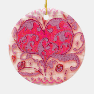 Folk Art Heart med löv och blommor Julgransprydnad Keramik
