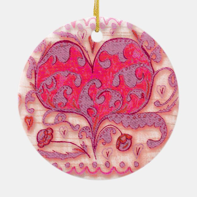 Folk Art Heart med löv och blommor Julgransprydnad Keramik (Baksidan)