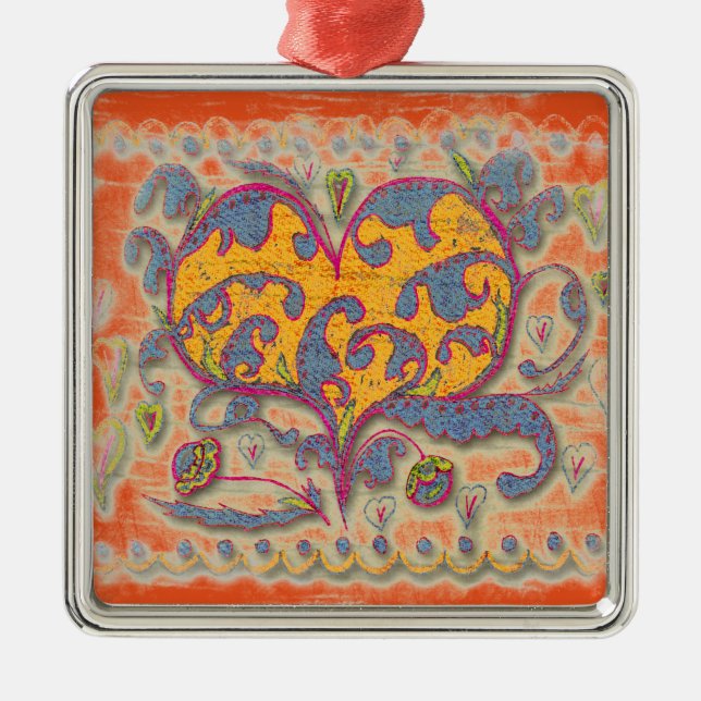 Folk Art Heart med löv och blommor Julgransprydnad Metall (Framsidan)