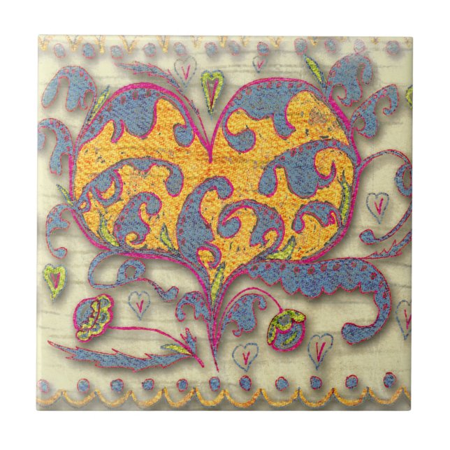 Folk Art Heart med löv och blommor Kakelplatta (Framsidan)