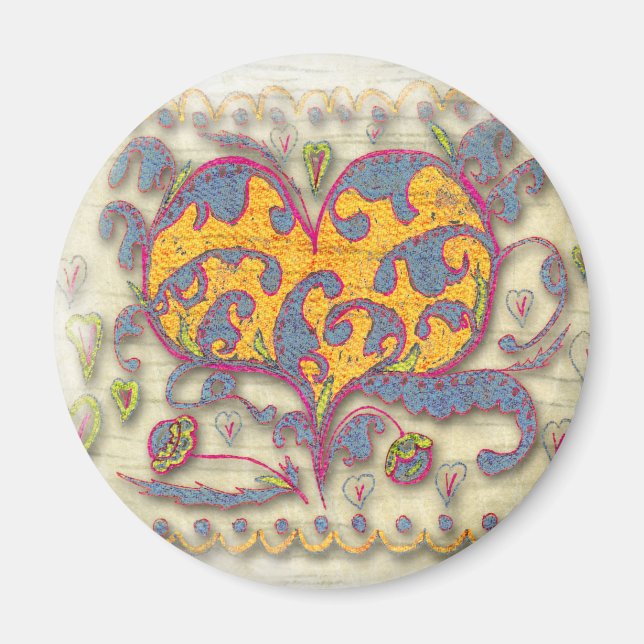 Folk Art Heart med löv och blommor Magnet (Framsidan)