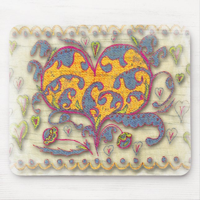 Folk Art Heart med löv och blommor Musmatta (Framsidan)
