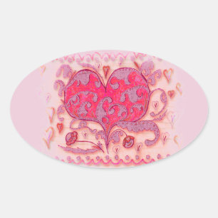 Folk Art Heart med löv och blommor Ovalt Klistermärke