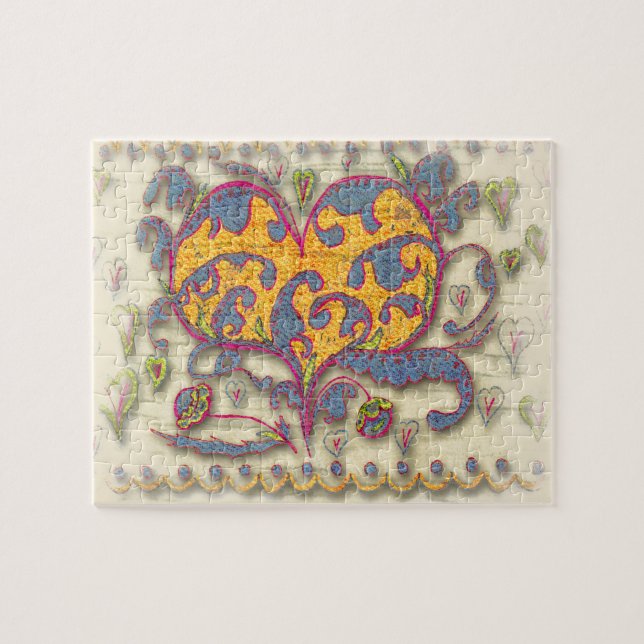 Folk Art Heart med löv och blommor Pussel (Horisontell)