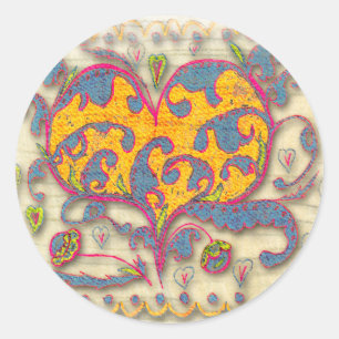 Folk Art Heart med löv och blommor Runt Klistermärke