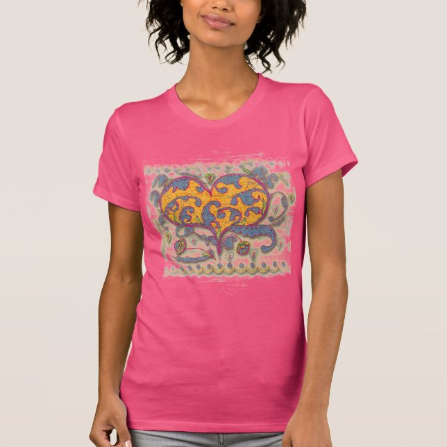 Folk Art Heart med löv och blommor Tee Shirt (Framsida)