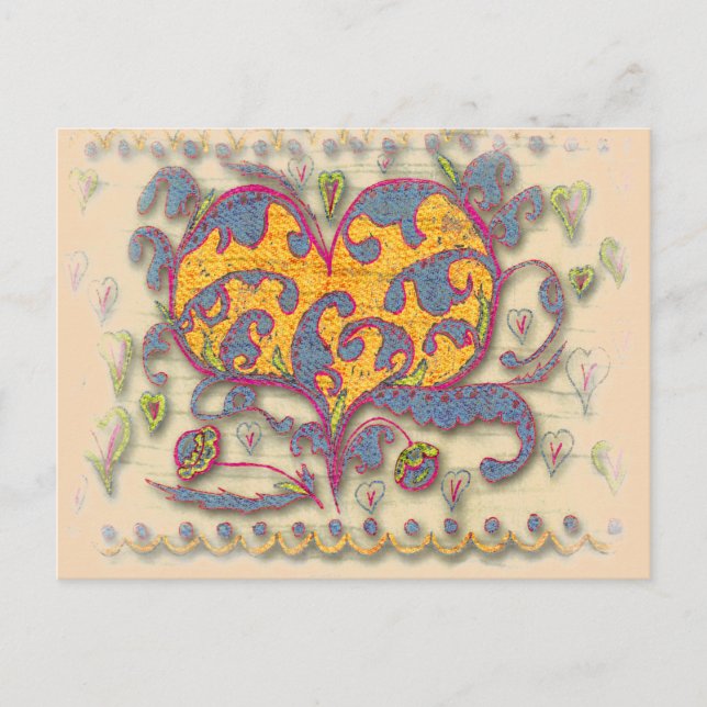Folk Art Heart med löv och blommor Vykort (Framsida)