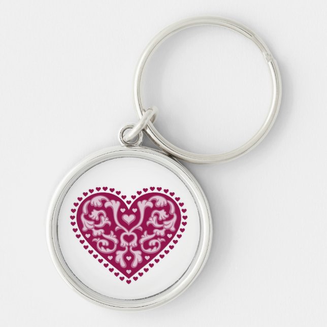 Folk Art Heart Rund Silverfärgad Nyckelring (Framsidan)