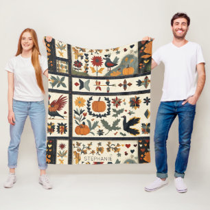Folk Art Höst Quilt Mönster Rustik Skörd Fleecefilt