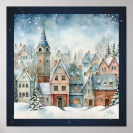 Folk Art Houses Snö Träd Poster