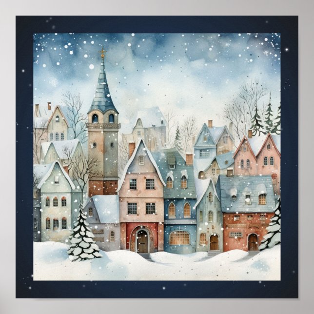 Folk Art Houses Snö Träd Poster (Framsidan)