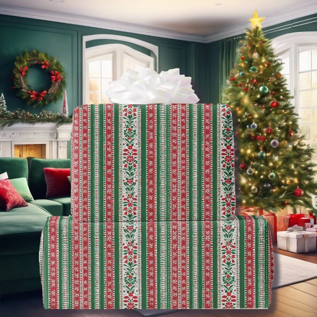 Folk Art jul i Red & Grönt Mönster Gift Presentpapper (Skapare uppladdad)
