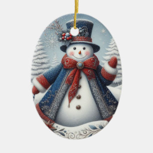 Folk Art Jul Snöman Julgransprydnad Keramik