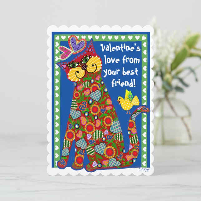 Folk Art Kat Flat Valentine Card Julkort (Stående Fram)