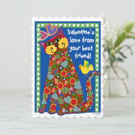 Folk Art Kat Flat Valentine Card Julkort